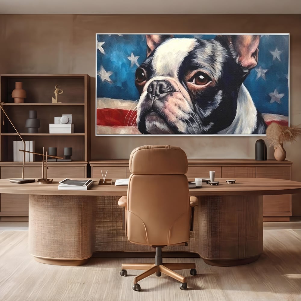 Tablou canvas cu tablou pictura caine boston terrier, in rama de aluminiu argintiu, pe perete intr-un birou